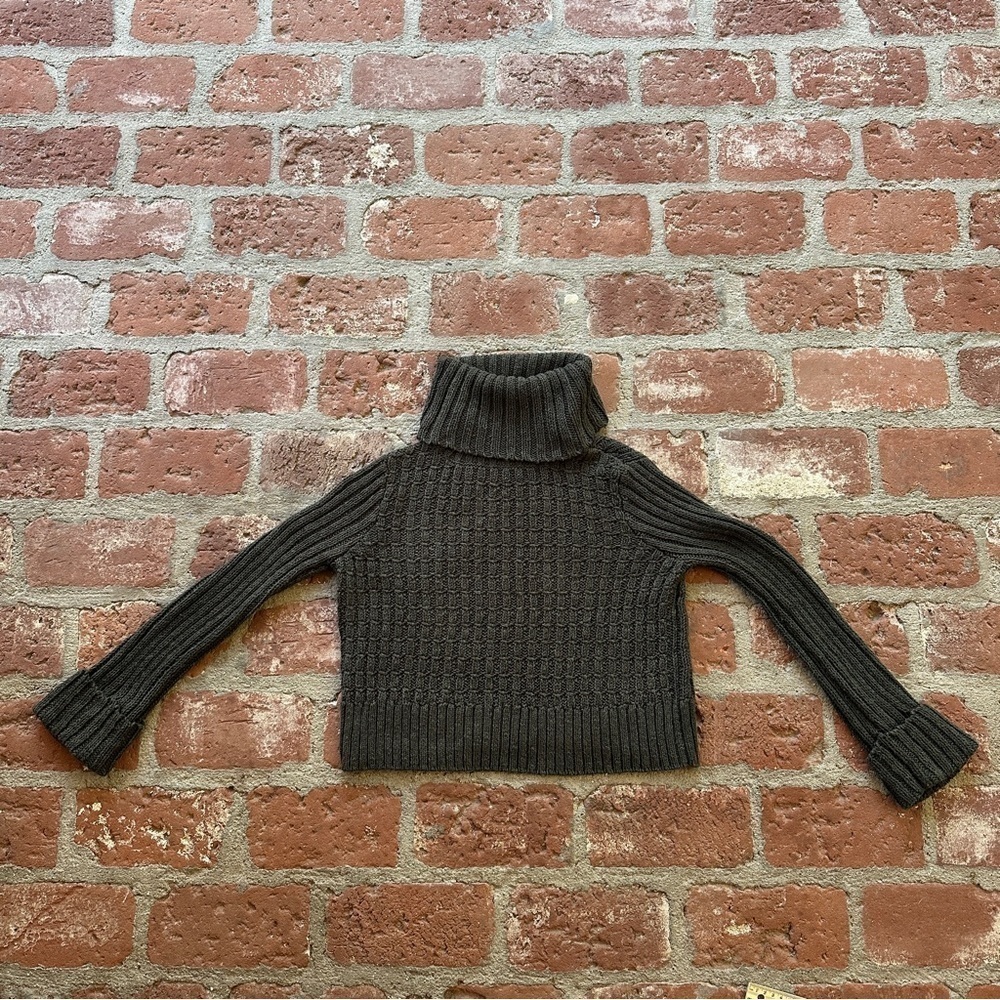 Free People Twisted Cable crop turtleneck sweater dark green gold metallic Small - Picture 2 of 16